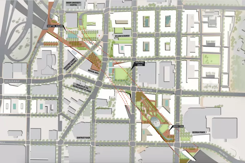 Map of proposed freeway cap over Atlanta freeway
